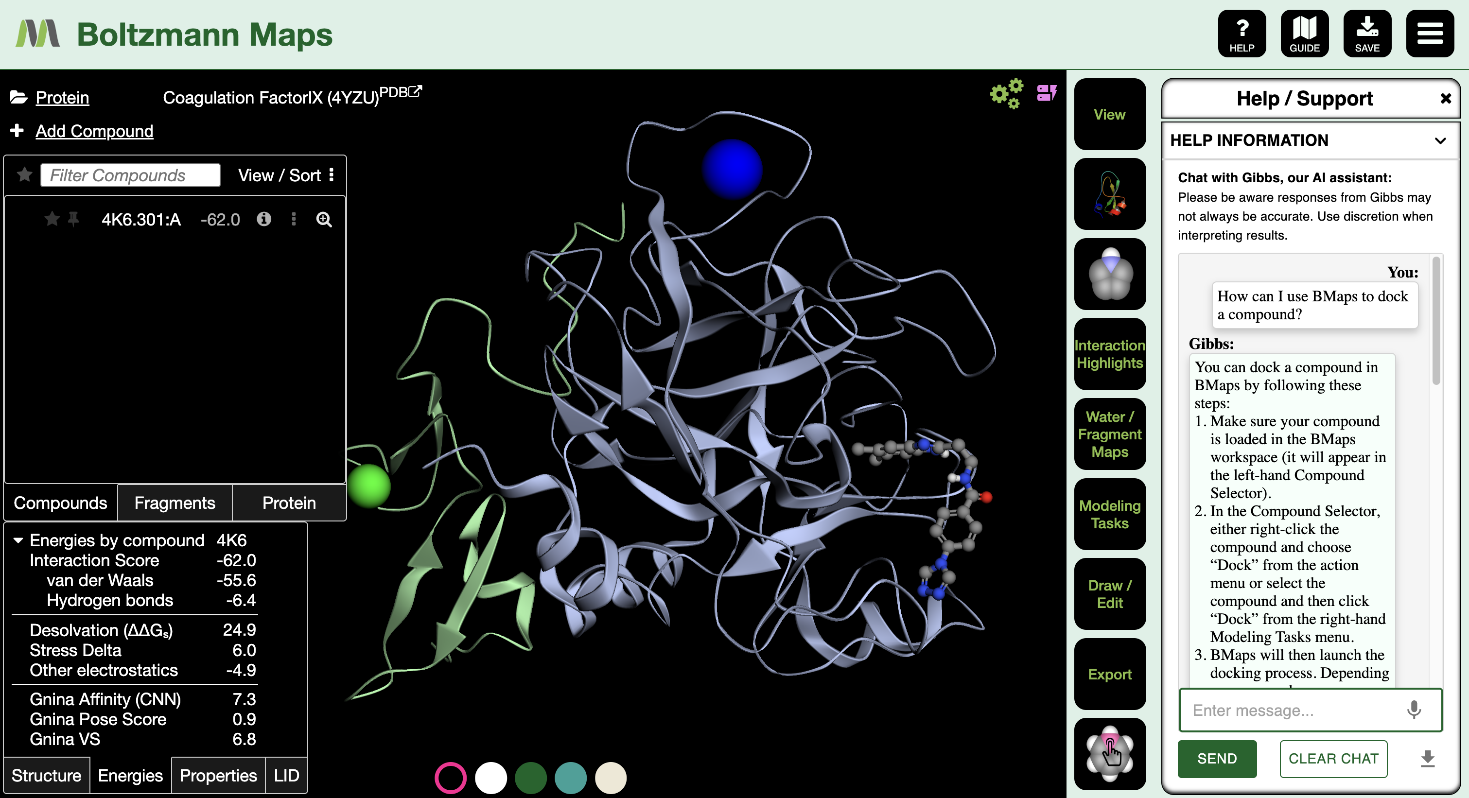 BMaps — Gibbs AI assistant answering a docking question alongside the protein view
