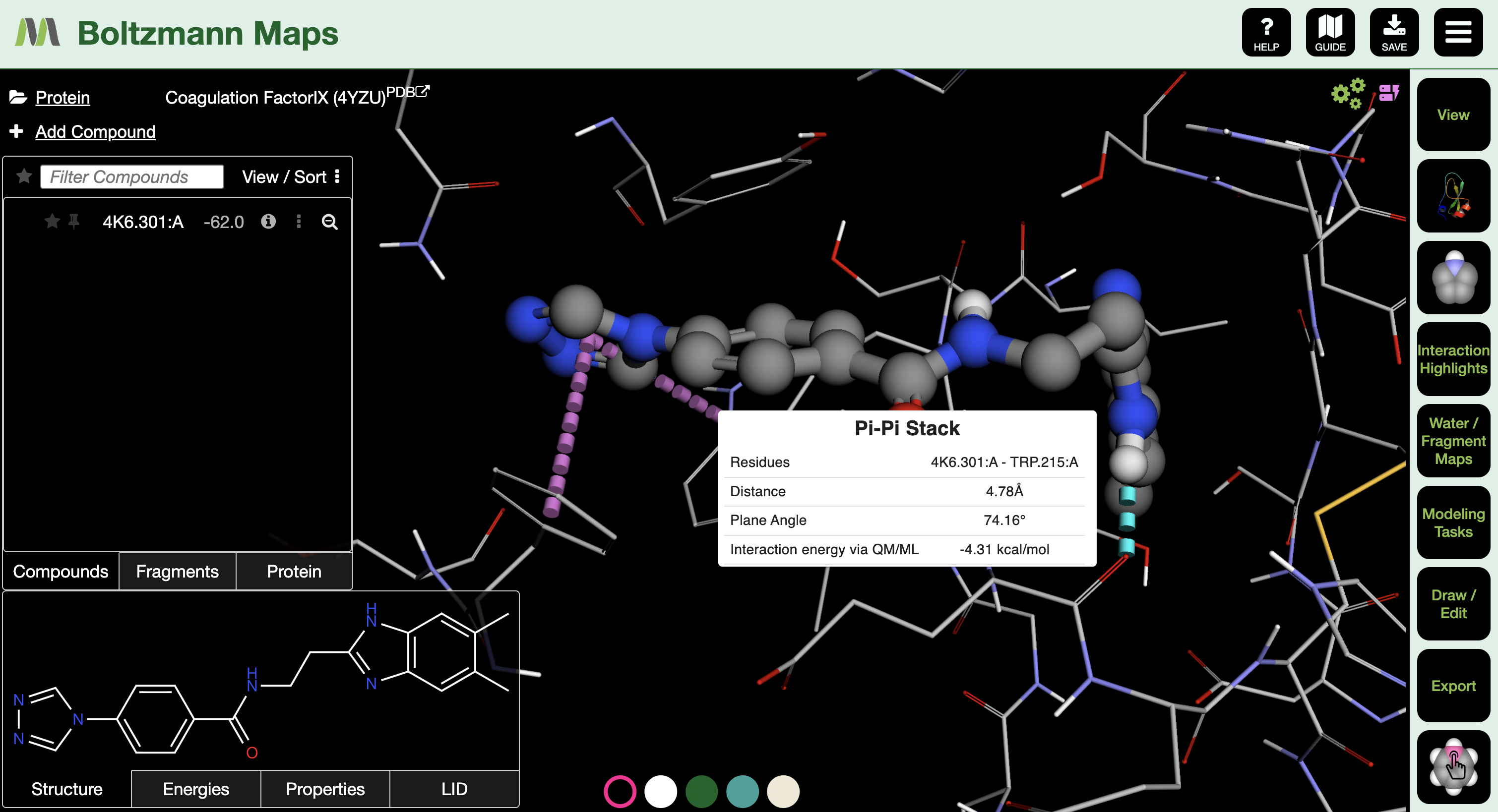 BMaps — interaction analysis showing a pi-pi stack with distance, plane angle and QM/ML interaction energy