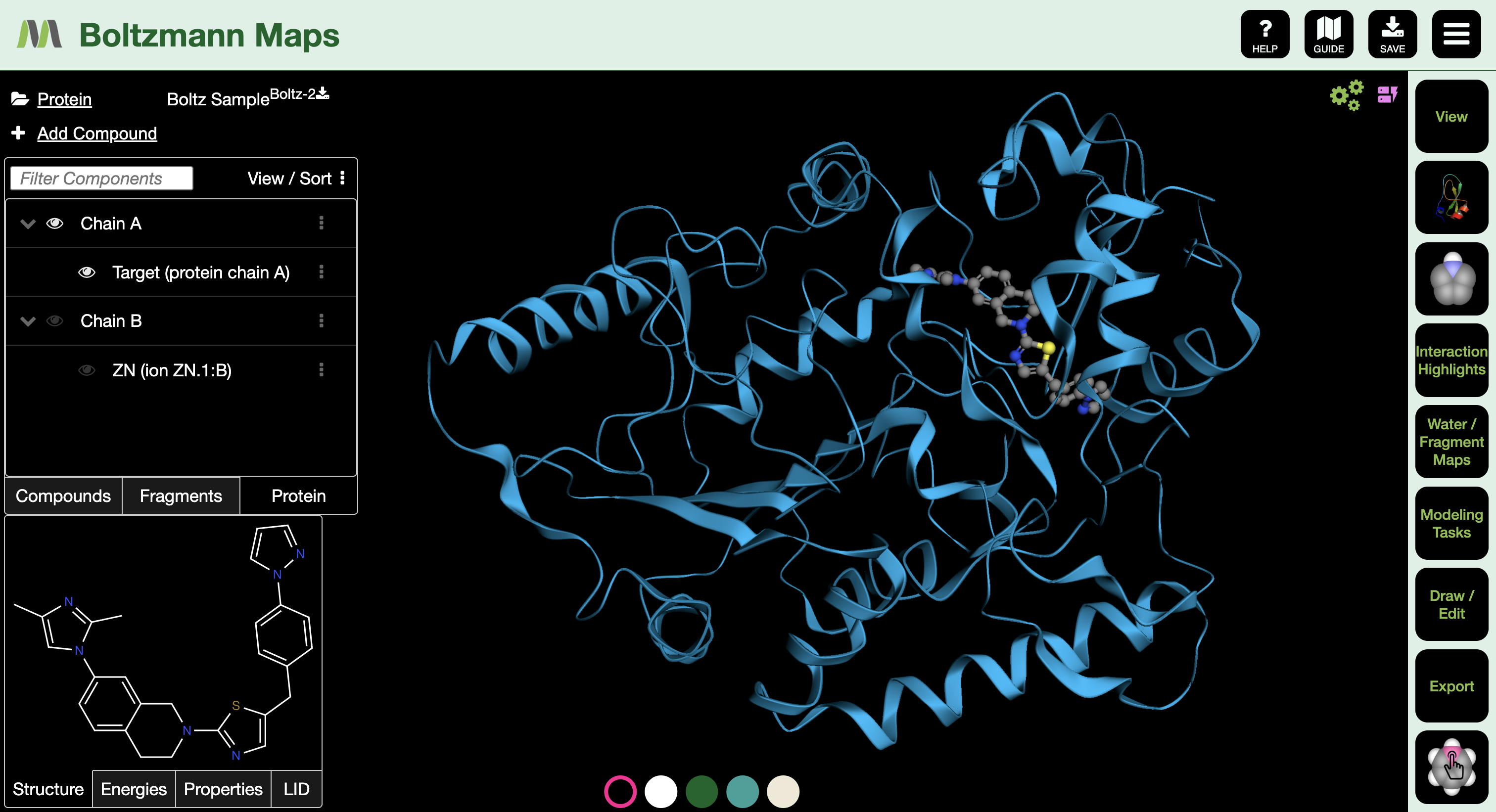 BMaps — AI-predicted protein structure from Boltz-2 with chains and bound ligand